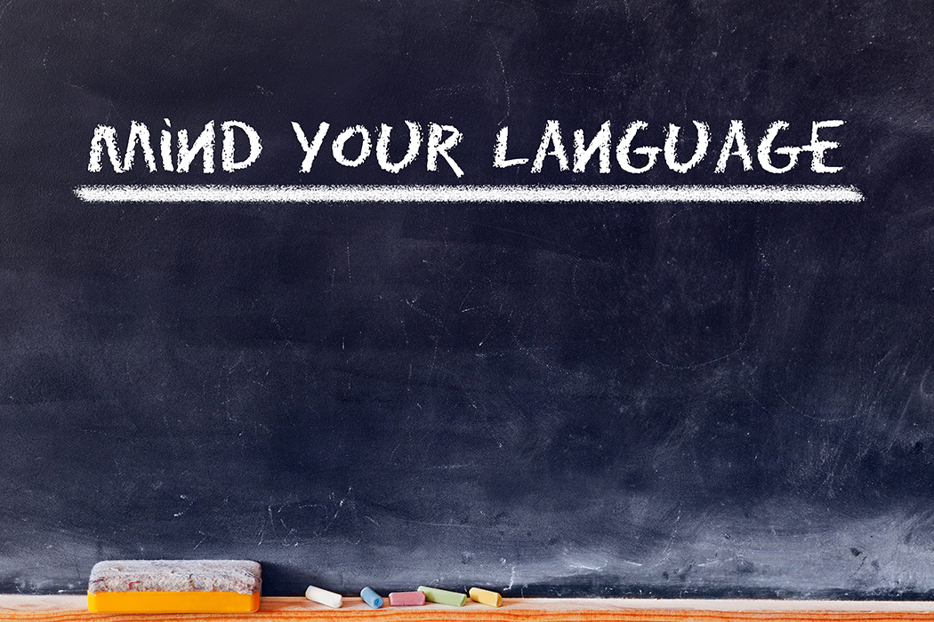 A blackboard with a line written in white chalk that says "Mind your language".